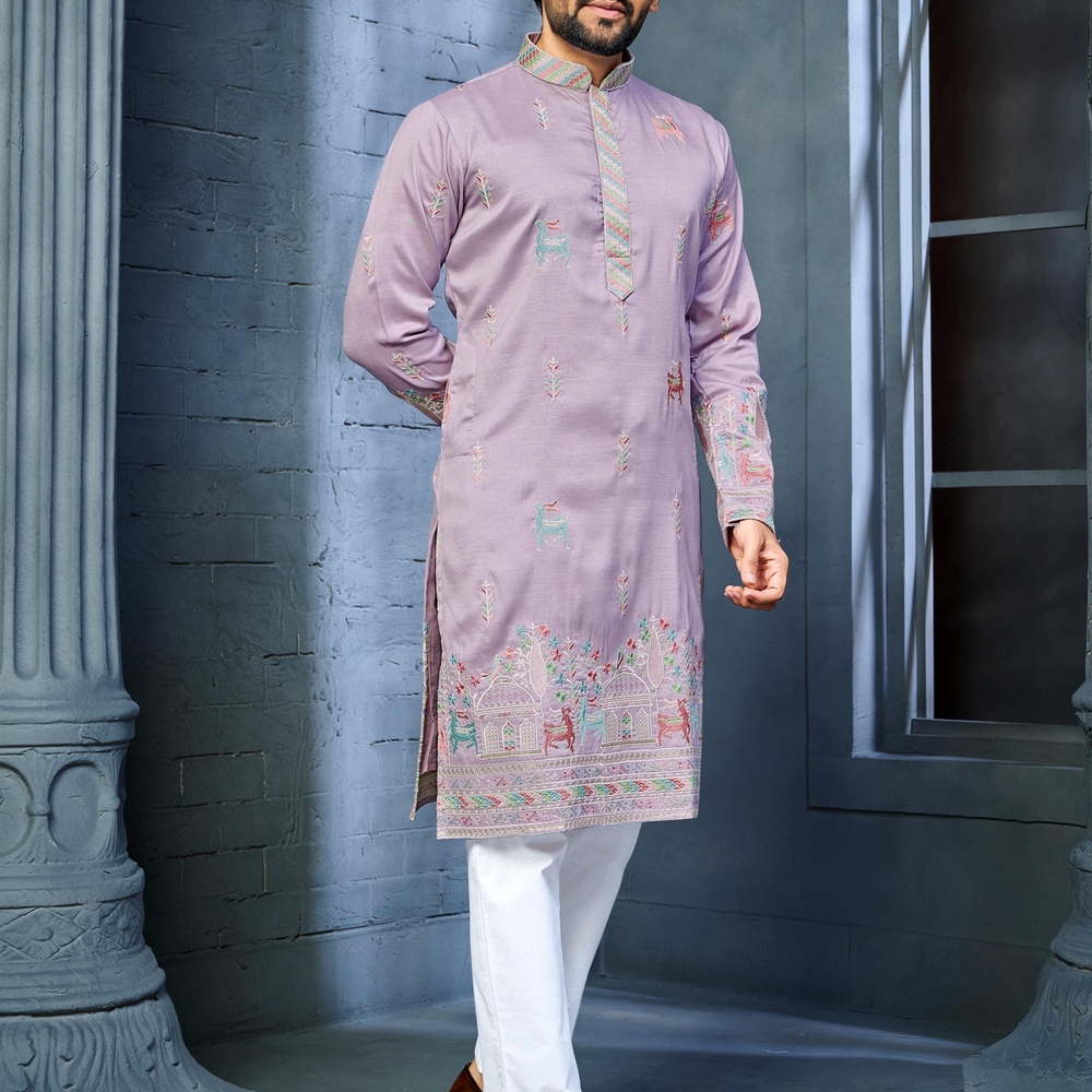Lavender Embroidered Kurta with White Pants